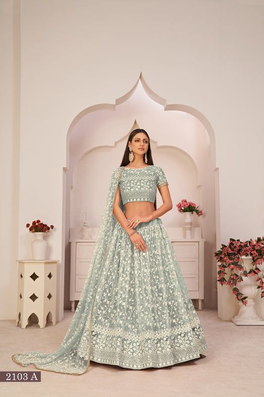ملابس حفلات العمل النسائية ذات شبكة مطرزة على شكل فراشة خضراء، LEHENGA CHOLI