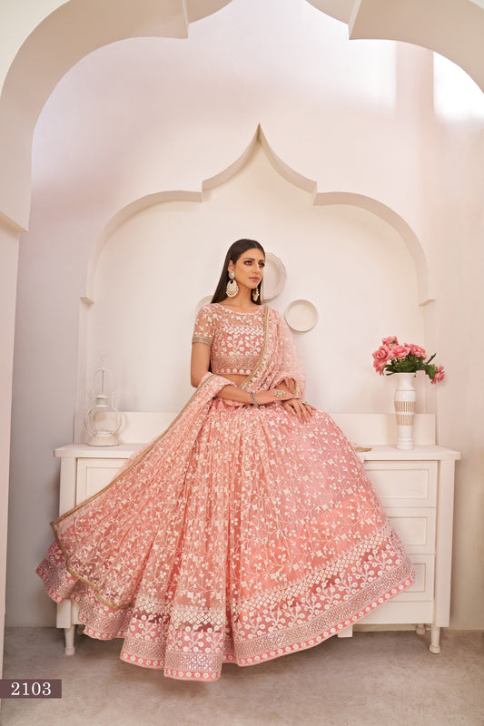 ملابس حفلات العمل النسائية ذات اللون الوردي الفاتح والمطرزة بشبكة على شكل فراشة، LEHENGA CHOLI