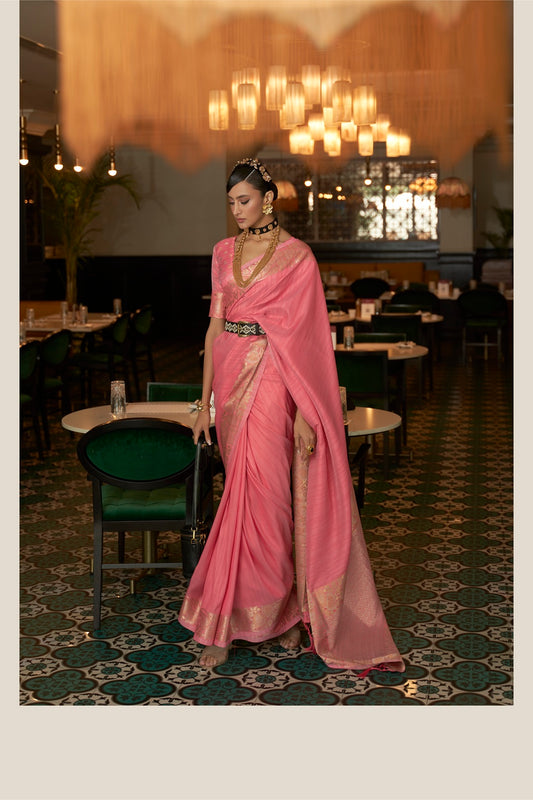 Dark peach Color Traditional Flower Golden Zari Weaving Border Saree With Designer Pallu And Zari Weaving Butti Design Blouse