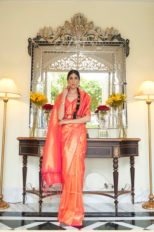 Designer Copper Zari Weaving Orange Color Banarasi Silk Saree With Heavy Blouse