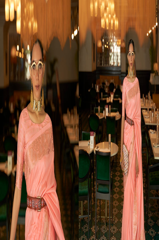 Vsaree Designer Party Wear Peach Color Flower Golden Zari Weaving Border Saree With Blouse