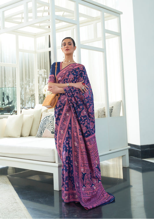 Designer Floral Chikankari Work Zari Weaving Lakhnowi Cotton Silk Saree With Heavy Blouse