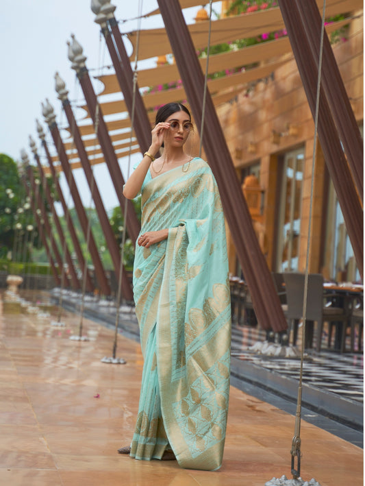 Seaquense Work Traditional Copper Zari Weaving Border Silk Saree With Designer Pallu And Zari Weaving Blouse