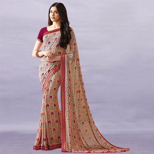 Vsaree Cream Flower Georette Designer Saree And Printed Work Printed Rich Pallu With Blouse For Women