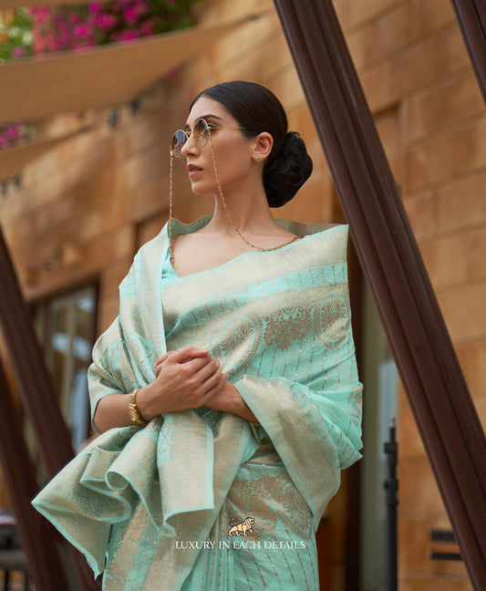 Seaquense Work Traditional Copper Zari Weaving Border Silk Saree With Designer Pallu And Zari Weaving Blouse