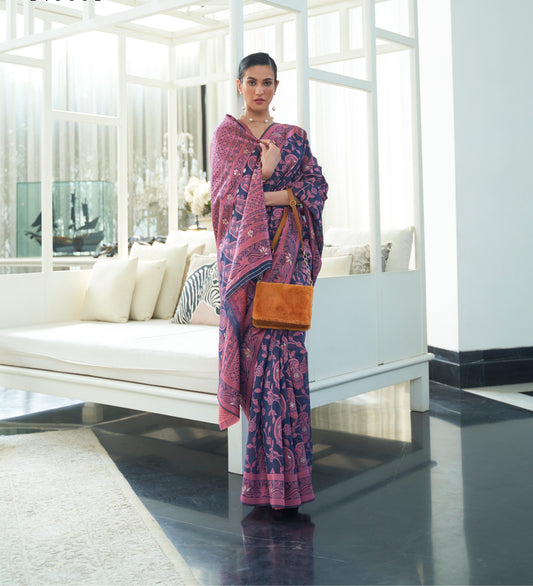 Designer Floral Chikankari Work Zari Weaving Lakhnowi Cotton Silk Saree With Heavy Blouse