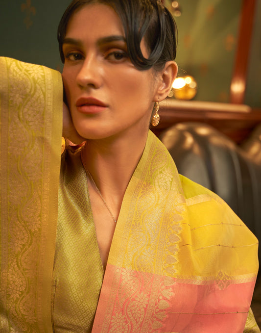 Traditional Golden Zari Weaving Border Party wear Multi Color Organza Silk Saree With Designer Pallu And Zari Weaving Design Blouse