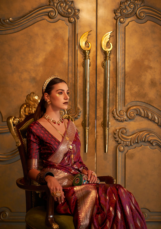 Designer Party Wear Golden Zari Weaving Overall Butti Design Satin Silk Saree With Heavy Blouse