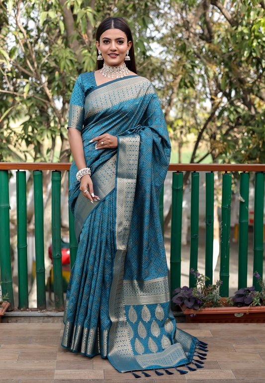 Bandhani Silk Saree with Bandhej Work Multi Color Silk Saree With Rich Zari Border & Tussal By Vsaree