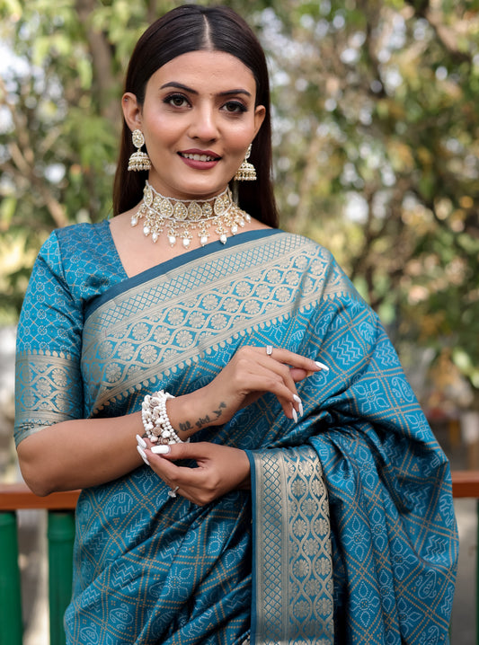 Bandhani Silk Saree with Bandhej Work Multi Color Silk Saree With Rich Zari Border & Tussal By Vsaree