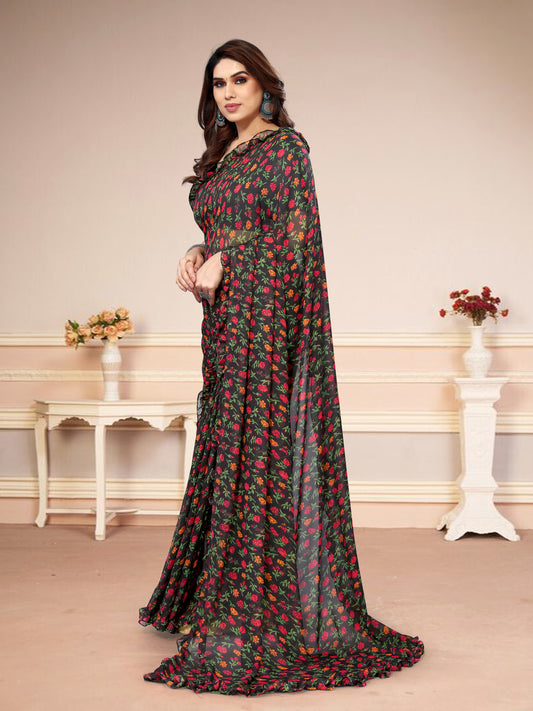 Vsaree Black Banglori Flower Printed Pallu & Border Saree With Banglori Blouse For Women
