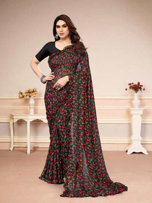Vsaree Black Banglori Flower Printed Pallu & Border Saree With Banglori Blouse For Women
