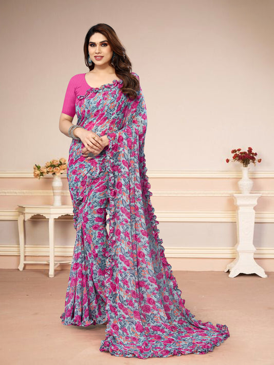Vsaree Grey Banglori Flower Printed Pallu & Border Saree With Banglori Blouse For Women