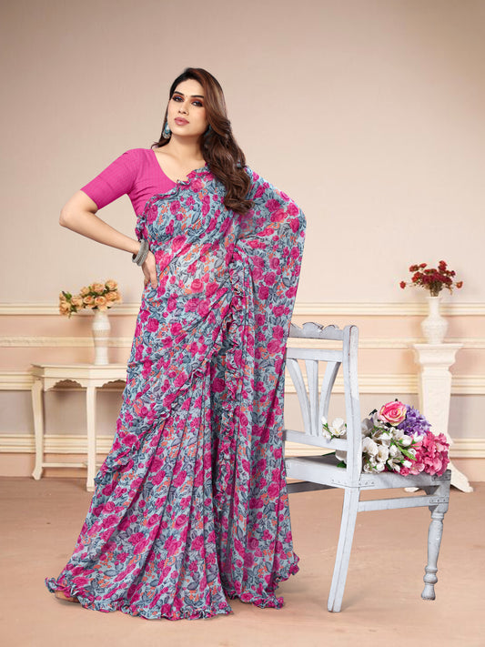 Vsaree Grey Banglori Flower Printed Pallu & Border Saree With Banglori Blouse For Women
