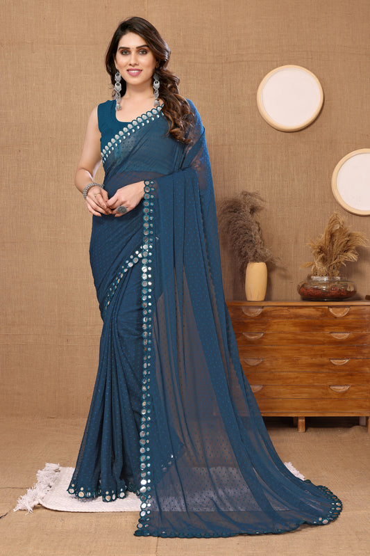 Vsaree Blue Banglori Plain Saree And Mirror Less Border With Banglory Blouse
