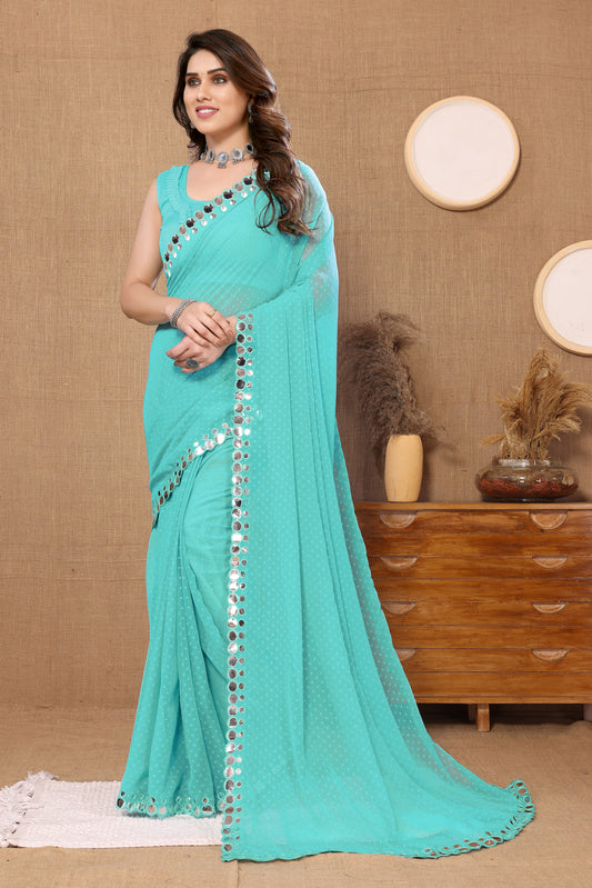 Vsaree Light Firozi Banglori Plain Saree And Mirror Less Border With Banglory Blouse And Pallu