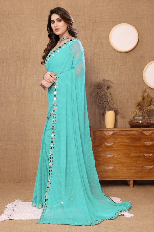 Vsaree Light Firozi Banglori Plain Saree And Mirror Less Border With Banglory Blouse And Pallu