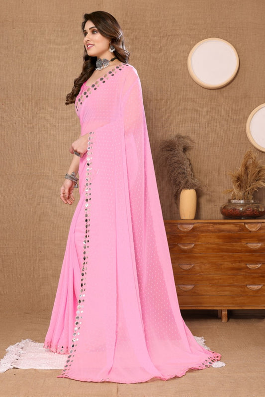 Vsaree Light Pink Banglori Plain Saree And Mirror Less Border With Banglory Blouse And Pallu