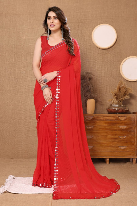 Vsaree Red Banglori Plain Saree And Mirror Less Border With Banglory Blouse And Pallu