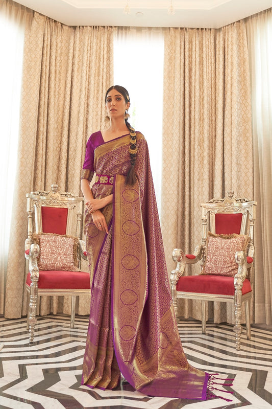 Vsaree Designer Golden Zari Weaving Purple Color Banarasi Silk Saree With Heavy Blouse