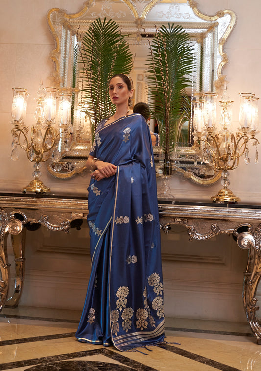 Designer Party Wear Golden Zari Weaving Overall Butti Design Satin Silk Saree With Heavy Blouse