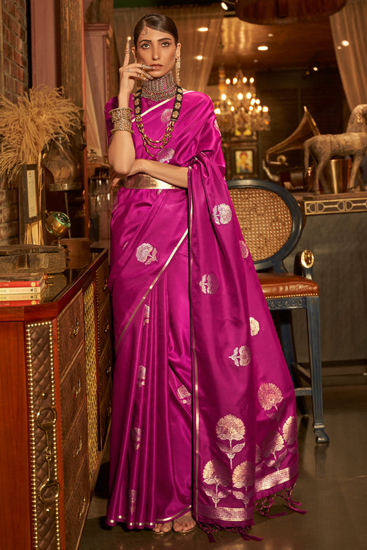 Designer Party Wear Golden Zari Weaving Overall Butti Design Satin Silk Saree With Heavy Blouse