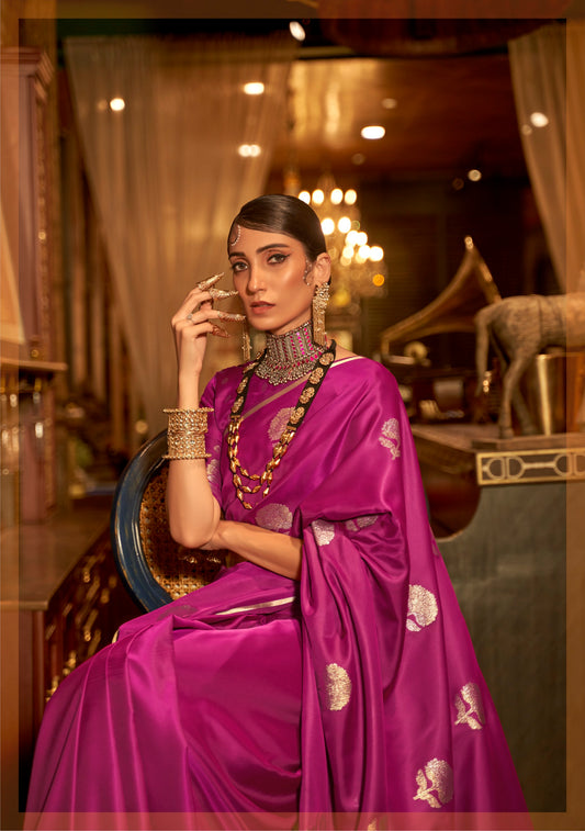 Designer Party Wear Golden Zari Weaving Overall Butti Design Satin Silk Saree With Heavy Blouse