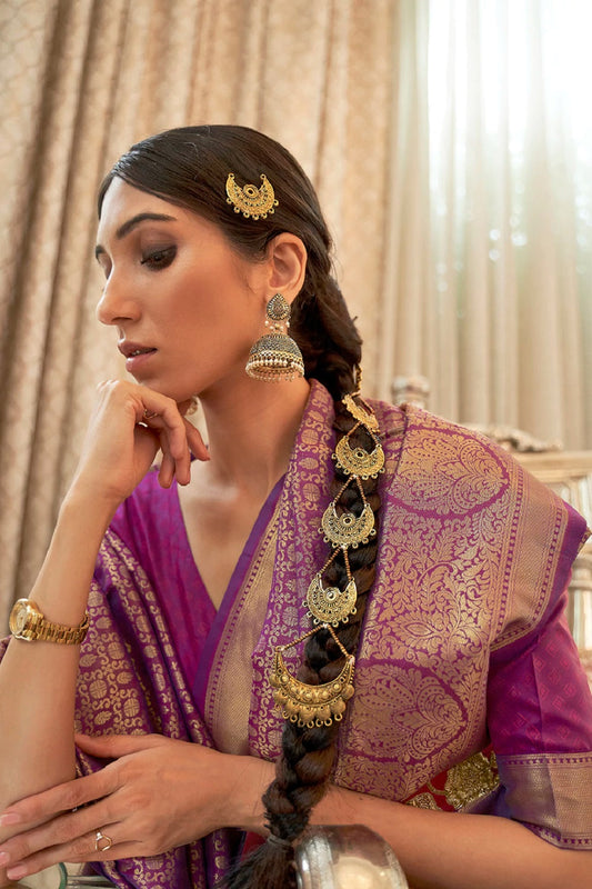 Vsaree Designer Golden Zari Weaving Purple Color Banarasi Silk Saree With Heavy Blouse