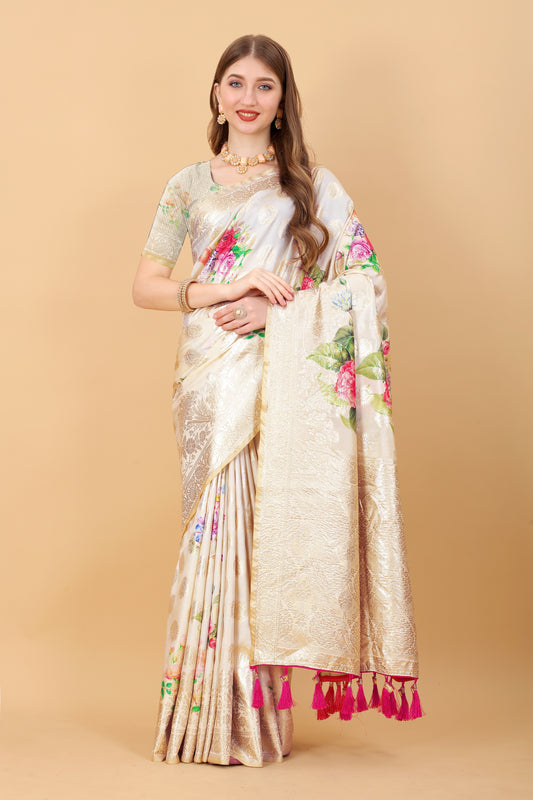 Vsaree Cream Nylon Silk And Zari weaving Saree With Designer Border And Blouse