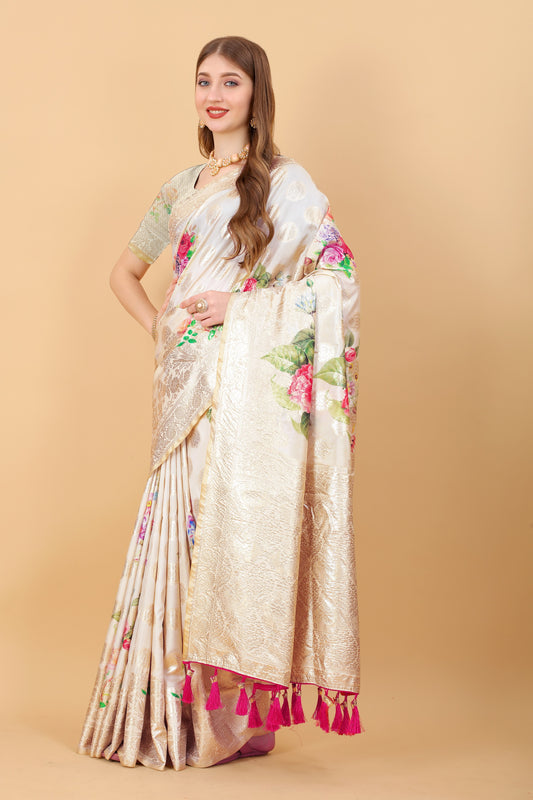 Vsaree Cream Nylon Silk And Zari weaving Saree With Designer Border And Blouse