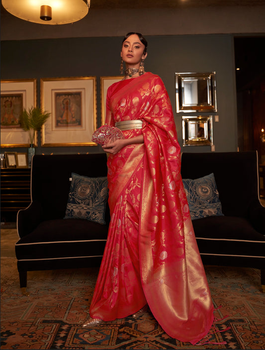 Designer Zari Weaving Floral Design Wedding Wear Banarasi Silk Saree With Heavy Blouse