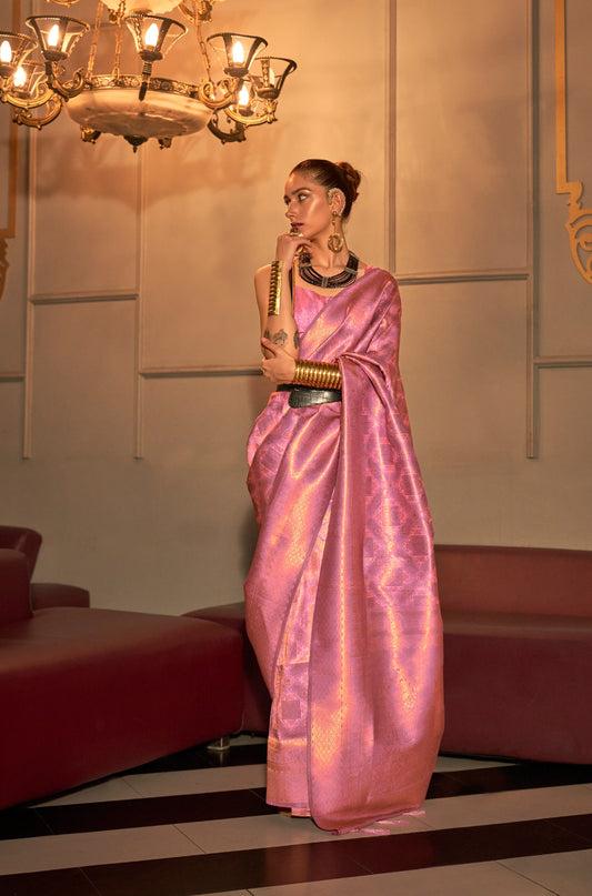 Kanchipuram Silk Traditional Copper Zari Weaving Border Saree With Designer Pallu And Zari Weaving Blouse