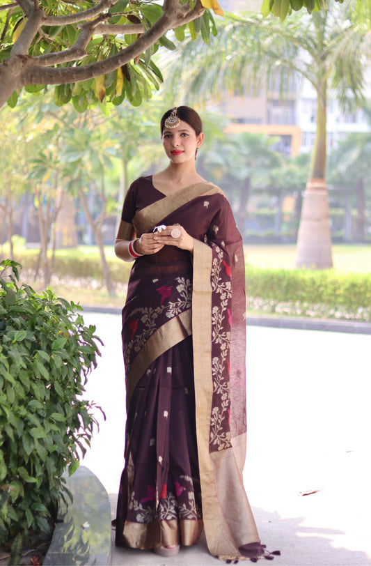 Vsaree Brown Silk Saree With traditional Jamdani type weaving border And Blouse