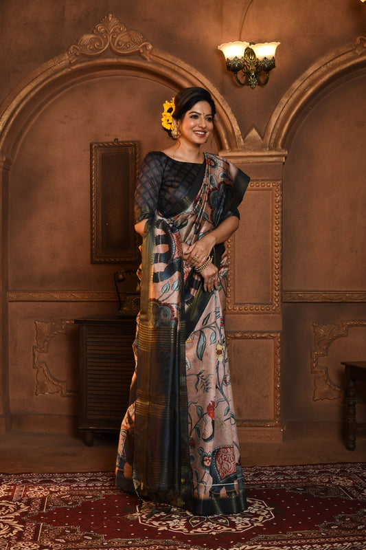 Vsaree Pink Tussar Silk Saree with Kalamkari Print and soft zari pallu with Contrast Blouse Piece