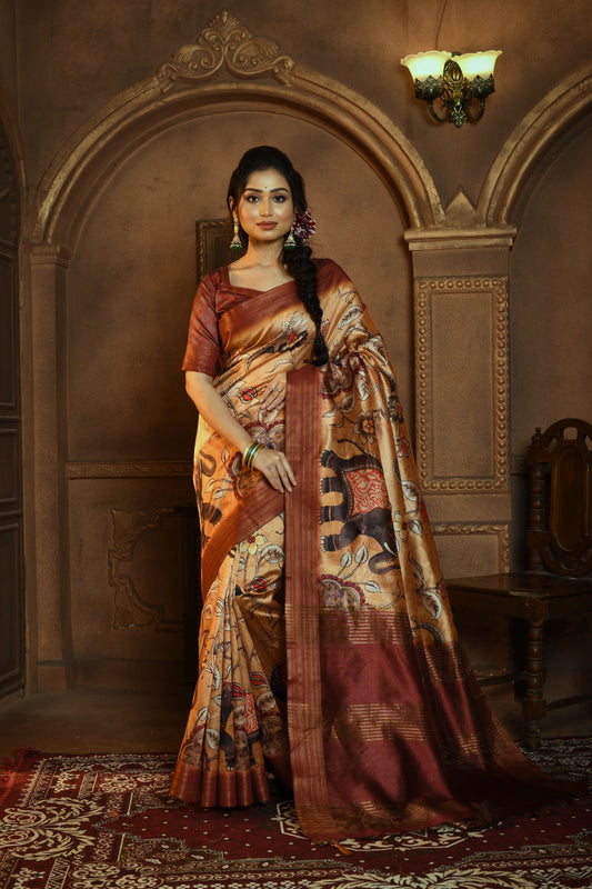 Vsaree Red Tussar Silk Saree with Kalamkari Print and soft zari pallu with Contrast Blouse Piece