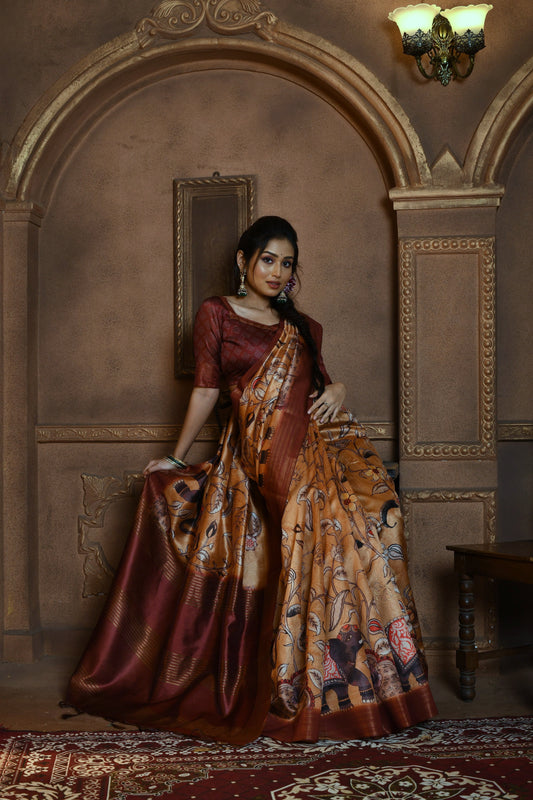 Vsaree Red Tussar Silk Saree with Kalamkari Print and soft zari pallu with Contrast Blouse Piece