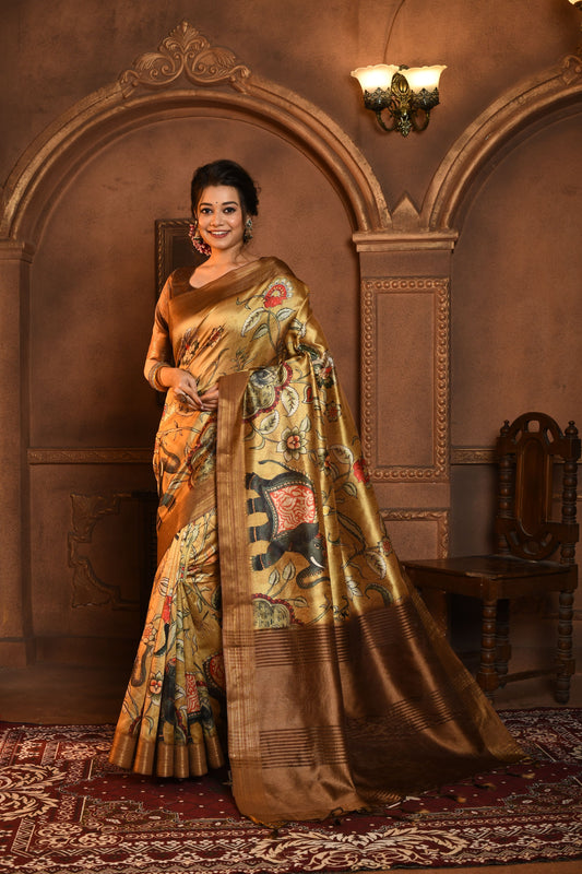 Vsaree Yellow Tussar Silk Saree with Kalamkari Print and soft zari pallu with Contrast Blouse Piece