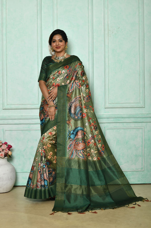 Vsaree Green Tussar Print Saree with Kalamkari Print and soft zari pallu with Contrast Blouse