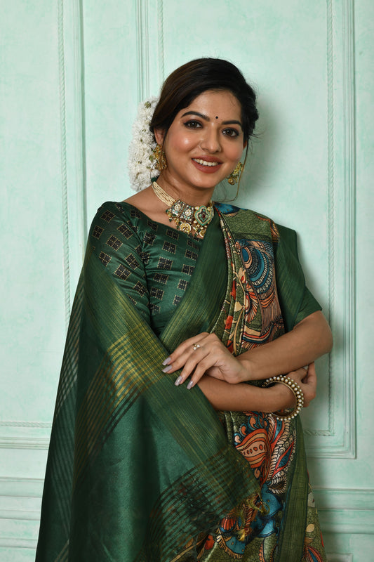 Vsaree Green Tussar Print Saree with Kalamkari Print and soft zari pallu with Contrast Blouse