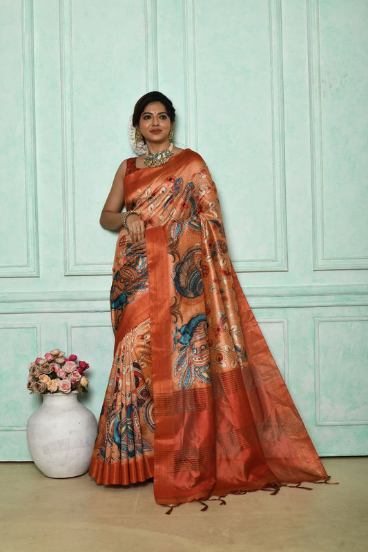Vsaree Orange Tussar Print Saree with Kalamkari Print and soft zari pallu with Contrast Blouse