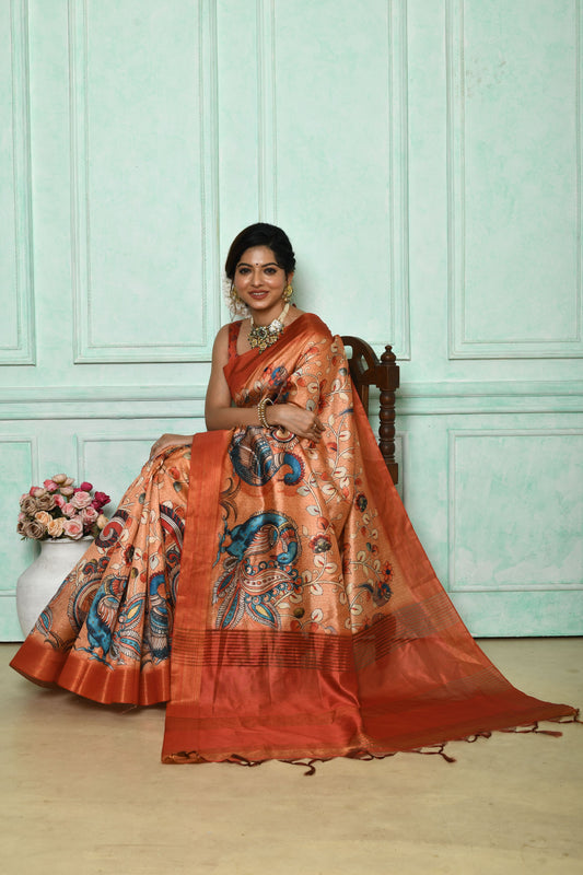 Vsaree Orange Tussar Print Saree with Kalamkari Print and soft zari pallu with Contrast Blouse
