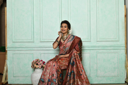 Vsaree Peach Tussar Print Saree with Kalamkari Print and soft zari pallu with Contrast Blouse