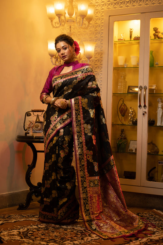 Vsaree Black Soft Banarasi Silk Saree Contrast border With Gorgeous Weaving Pallu And Contrast Blouse Piece