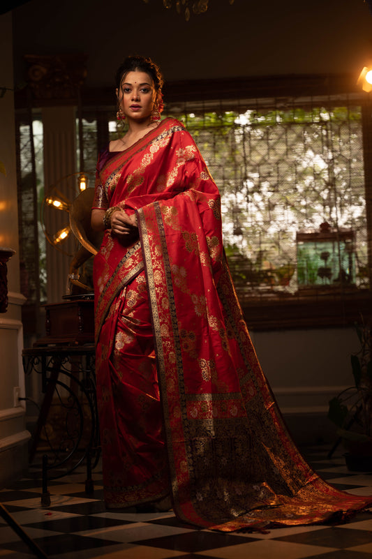 Vsaree Red Soft Banarasi Silk Saree Contrast border With Gorgeous Weaving Pallu And Contrast Blouse Piece
