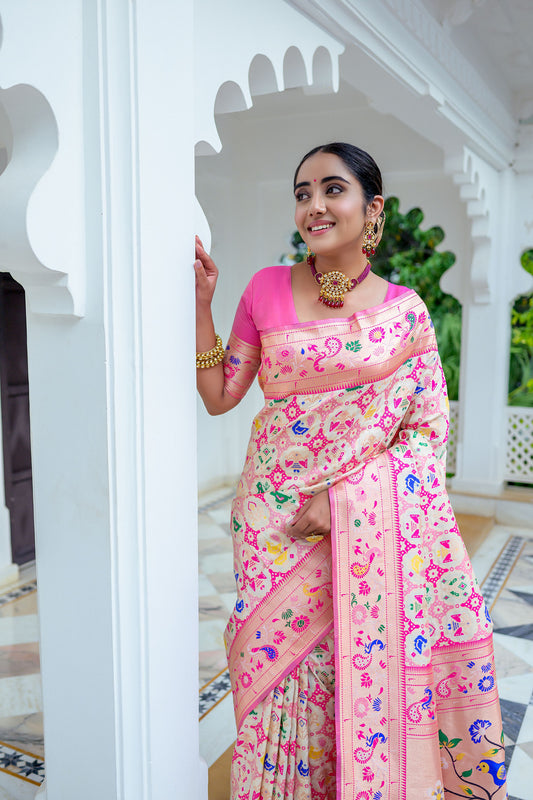 Vsaree Cream Soft Paithani Silk Saree with Rich Pallu Contras Border And Blouse Piece For Women