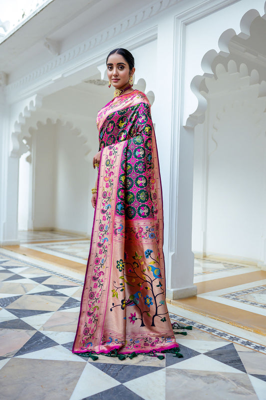 Vsaree Purple Soft Paithani Silk Saree with Rich Pallu Contras Border And Blouse Piece For Women