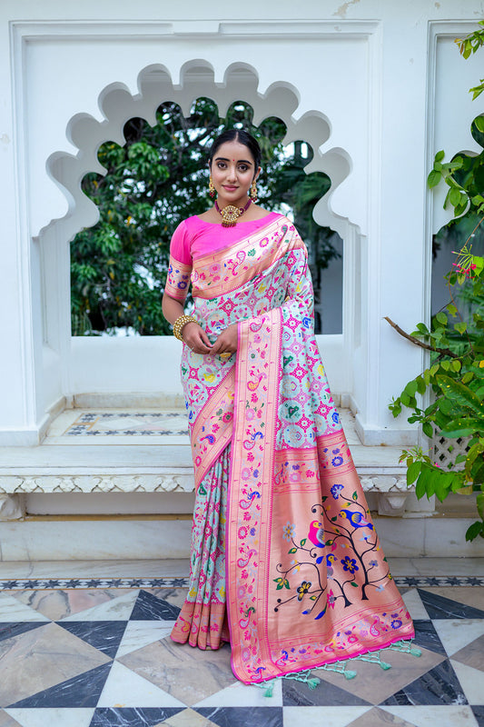 Vsaree Sea Blue Soft Paithani Silk Saree with Rich Pallu Contras Border And Blouse Piece For Women
