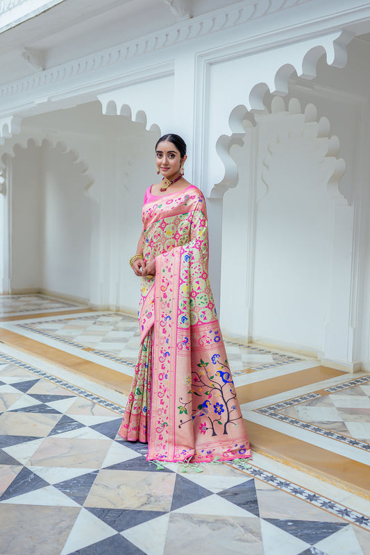 Vsaree Sea Green Soft Paithani Silk Saree with Rich Pallu Contras Border And Blouse Piece For Women