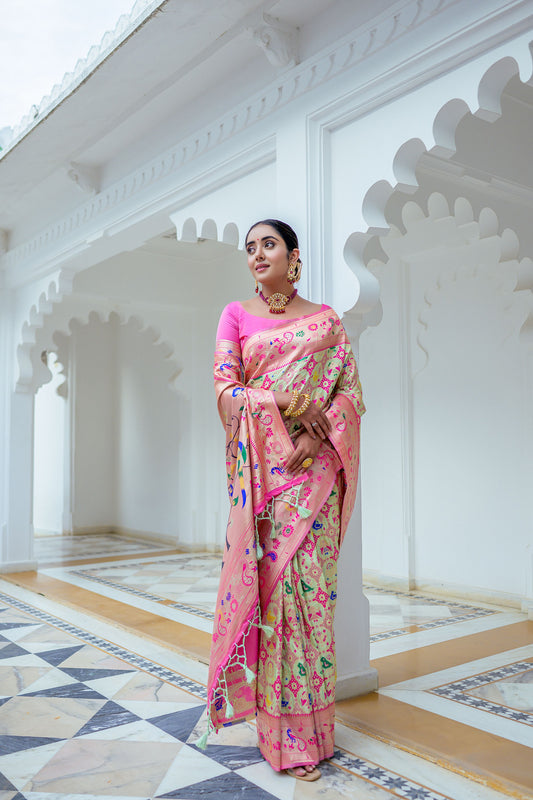 Vsaree Sea Green Soft Paithani Silk Saree with Rich Pallu Contras Border And Blouse Piece For Women