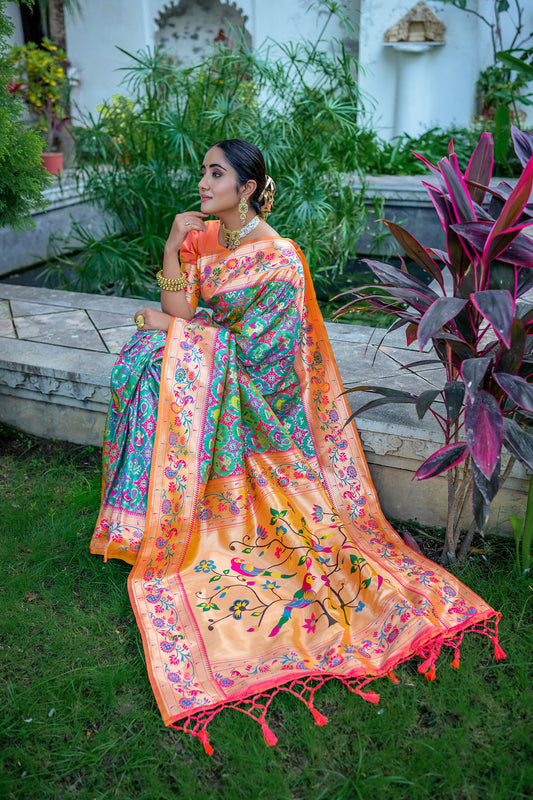 Vsaree Teal Soft Paithani Silk Saree with Rich Pallu Contras Border And Blouse Piece For Women